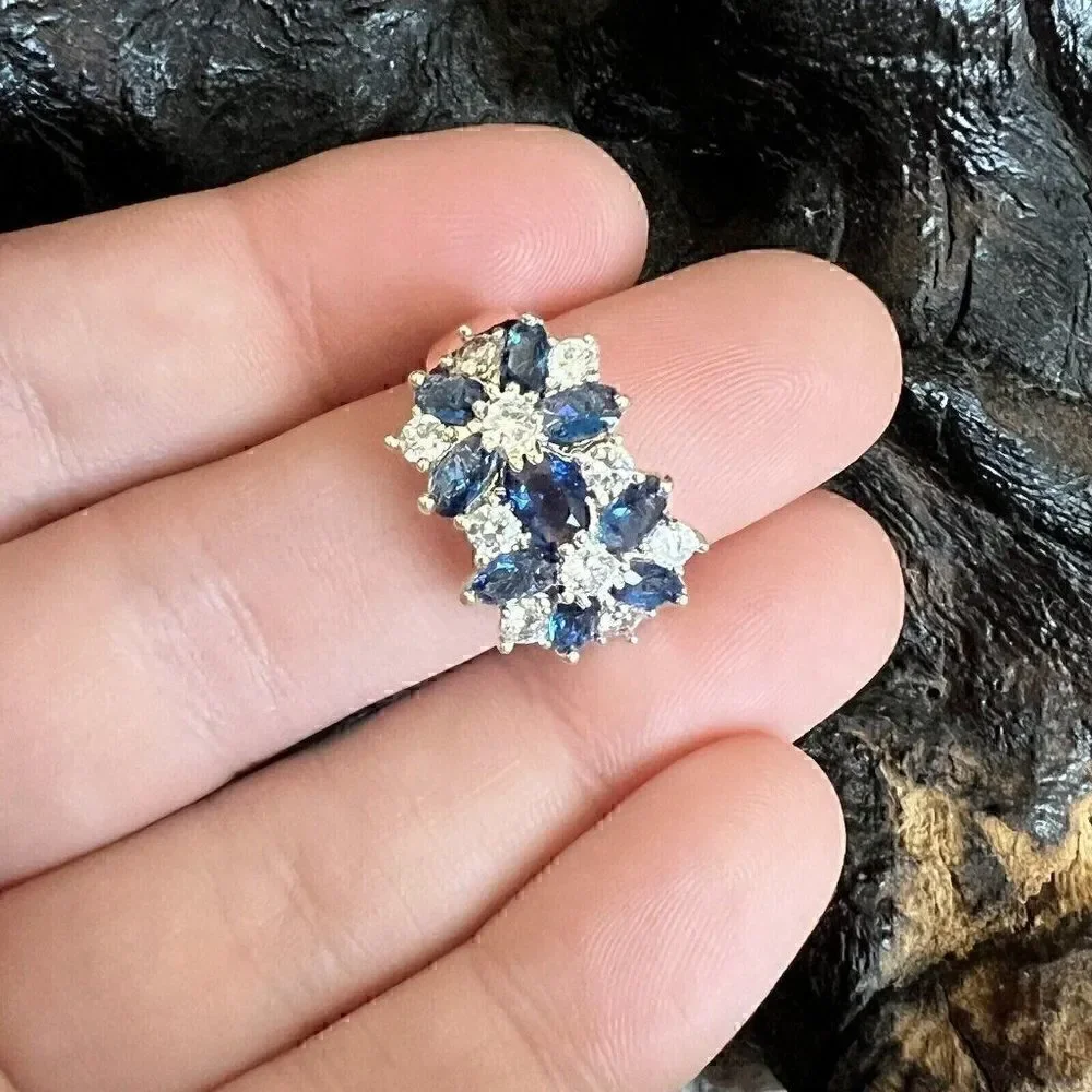 Large Statement Floral Cluster Ring Size 6 Blue Clear Silver Tone Prong Set